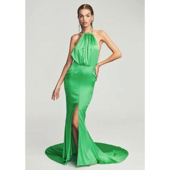 Retrofete Satin Crystal Margot Gown in Green XSmall New. Long Maxi Dress - Picture 12 of 17